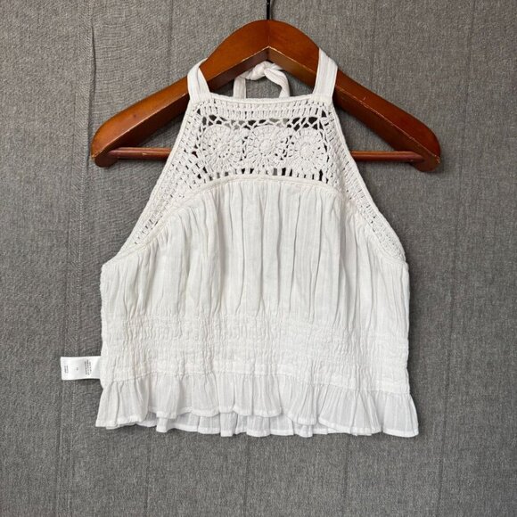 Lucky Brand White Cotton Crochet Collar Halter Neck Shirred Waist Peplum Top - Picture 9 of 13